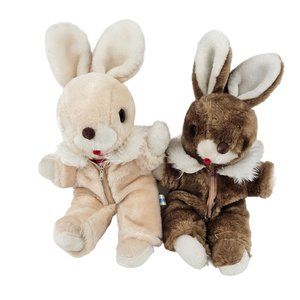 Vintage Amscan Bunny Rabbit Stuffed Animal Plush Beige Brown Zip Jumpsuit